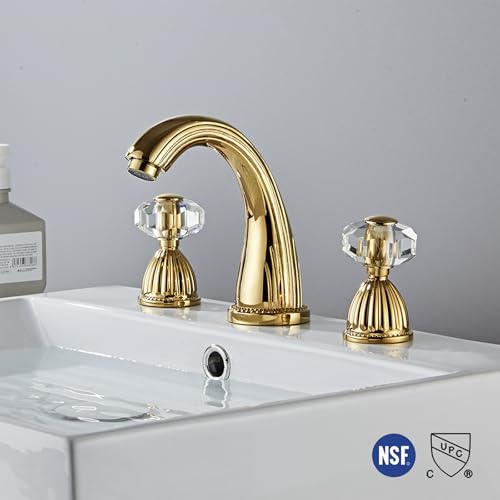 Shiny Polished Gold Widespread Bathroom Sink Faucet and Pop Up Drain
