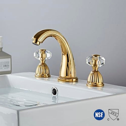 Shiny Polished Gold Widespread Bathroom Sink Faucet and Pop Up Drain