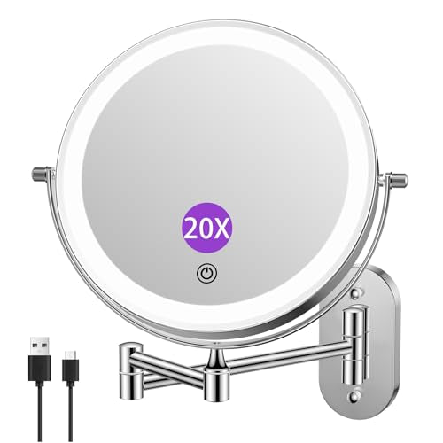 FUNTOUCH 2500mAh Rechargeable Wall Mounted Lighted Makeup Mirror 1X/20X | 8 Inch Double Sided 1X 20X Magnifying Bathroom Mirror, 3 Color Lighting, Touch Dimming, Extended Arm 360° Light up Mirror - color: Bright Chrome