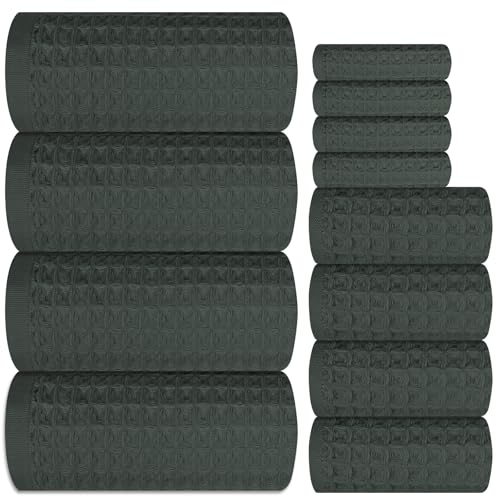 12 Piece Dark Green Waffle Bath Towel Set, 100% Cotton | Bathroom Towel Set, Highly Absorbent and Quick Dry, Soft Waffle Weave Towel, for Bathroom, Hotel, Spa, Gym Daily Use