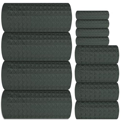 12 Piece Dark Green Waffle Bath Towel Set, 100% Cotton | Bathroom Towel Set, Highly Absorbent and Quick Dry, Soft Waffle Weave Towel, for Bathroom, Hotel, Spa, Gym Daily Use