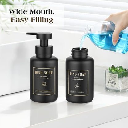 Luxspire Glass Foaming Soap Dispenser 15oz Hand Soap Bottle, Black, 2 Pack | Anti-drip pump, wide mouth easy refill, non-slip silicone base, 7 waterproof labels, bathroom and kitchen sink use - color: Black
