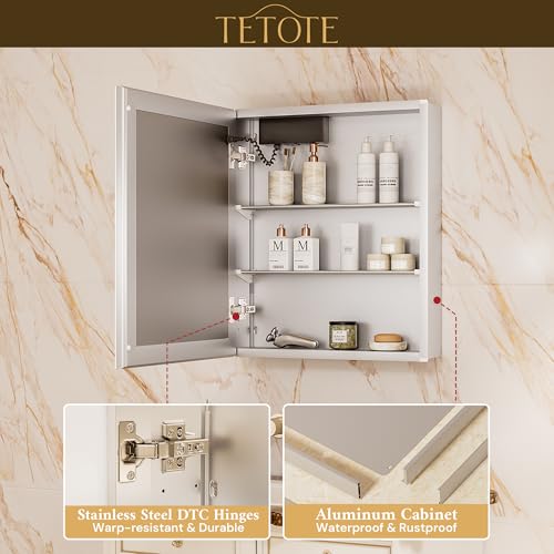 TETOTE 36 x 32 Medicine Cabinet with Lights, Adjustable Shelves, Silver Aluminum Cabinet, Anti-Fog Stepless Dimmable 3 Colors White/Warm/Natural, Easy to Install(Wall Mount/Recessed) - color: Silver, size: 32"L x 36"W