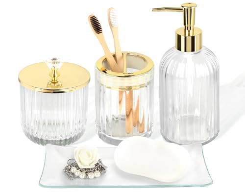 Designer Clear Glass Bathroom Accessories Sets - 4 Pcs with Lotion Soap Dispenser, Bathroom Toothbrush Holder, Vanity Tray, and Apothecary Jar, Vintage Bathroom Decor, Gift Countertop Organizer - color: Glass Clear