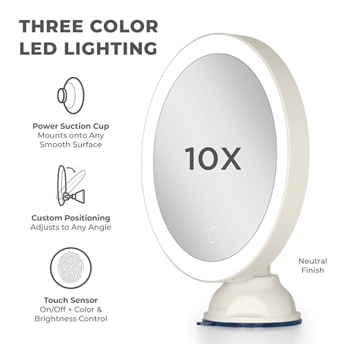 Lighted Wall Mounted Suction Cup Makeup Mirror with 10X Magnification - color: Neutral