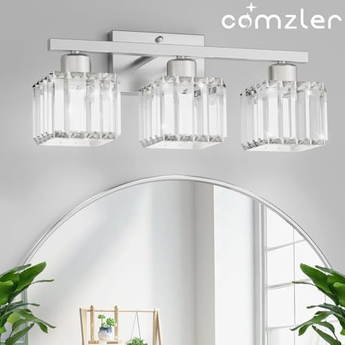 comzler 3-Light Bathroom Light Fixtures Over Mirror, Brushed Nickel Crystal Wall Sconce with E26 Base for Mirror Kitchen Living Room Bathroom, Square Crystal Shades (Bulbs Excluded) - size: Square