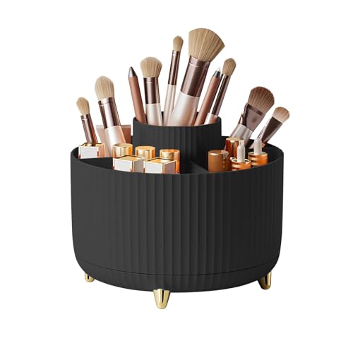 DASITON Large Capacity Makeup Brush Holder,360° Rotating Makeup Organizer,5 Slot Makeup Brushes Cup,for Vanity Decor,Bathroom Countertops,Desk Storage Container,Cosmetic Display cases(Black) - color: Black