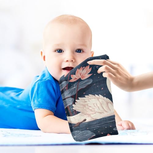 YETTASBIN Swan Muslin Baby Hand Washcloths, Soft Cotton Bath Face Towel, 4 Layers Extra Absorbent Feeding Burp Cloth for Newborn Infant, 5 Pack - size: 12 Inch x 5 Pack
