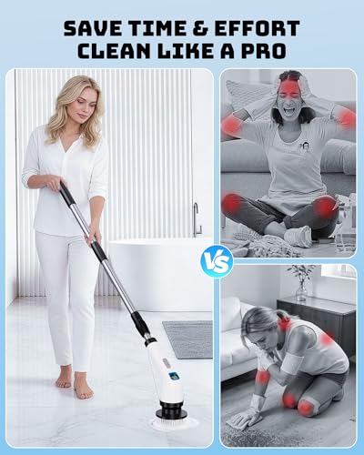 Electric Spin Scrubber for Bathroom | Shower Cleaner Brush with Long Handle | Dual Speed Cordless Power Scrubber with 7 Brushes Heads | IPX7 Waterproof Scrub Brush for Bath Tub Tile Grout Glass Tool