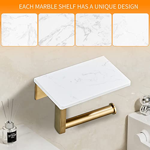 Brushed Gold Toilet Paper Holder with Marble-Look Shelf, Wall Mounted SUS304 Stainless Steel Toilet Roll Holder with Phone Storage - color: Brushed Gold