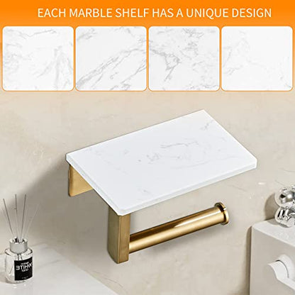 Brushed Gold Toilet Paper Holder with Marble-Look Shelf, Wall Mounted SUS304 Stainless Steel Toilet Roll Holder with Phone Storage - color: Brushed Gold