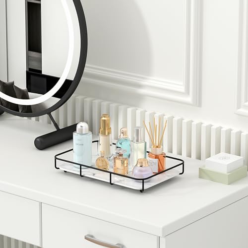 Dobbyby Vanity Tray Makeup Organizer Cosmetics Storage Bathroom Skincare Organizer Countertop Display Rack in Dresser Stainless Steel Shelf Marble Print Ceramic Trays - color: 1 Tier-black