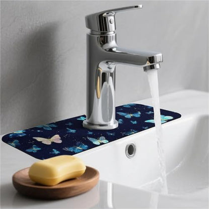 Kitchen Sink Splash Guard，Luminous Butterfly-1 Faucet Mat Sink Gadgets-Super Absorbent Fast Drying Mat Drip Catcher for Kitchen, Bathroom,Sink Mat, Dish Drying Mat, Bathroom(15" X 5.5" ) - color: Luminous Butterfly-1