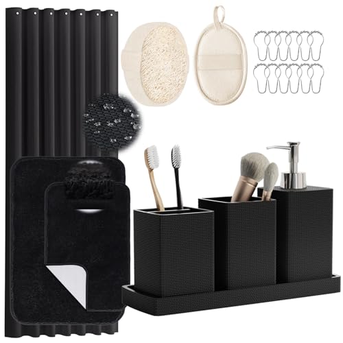Black Bathroom Sets, Black Bathroom Accessories Set with Shower Curtain and No-Slip Bath Rugs, Natural Loofah Sponge, Soap Dispenser, Toothbrush Holder, Bathroom Tumbler and Tray for Bathroom - size: Bath Set+Shower Curtain+Bath Rugs+2PCS Loofah, style: B