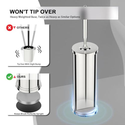 Stainless Steel Toilet Bowl Brush and Holder Set Scrubber Chrome | Weighted Stable Base Removable Inner Tube Toilet Bowl Brush Splash-Proof Design for Deep Cleaning Space Saving Storage - color: Chrome