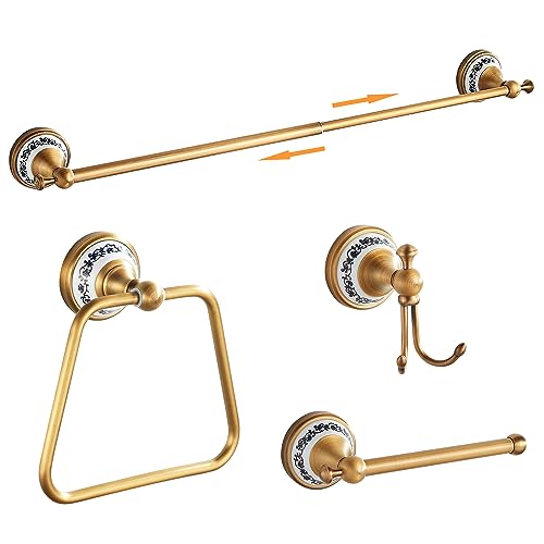 Antique Bronze Bathroom Hardware Set,Adjustable Towel Rack, Toilet Roll Paper Holder,Hand Towel Holder,Hook, Bathroom Accessories Set Wall Mounted,Porcelain Design - color: 4-piece Set
