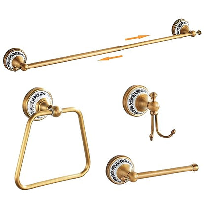 Antique Bronze Bathroom Hardware Set,Adjustable Towel Rack, Toilet Roll Paper Holder,Hand Towel Holder,Hook, Bathroom Accessories Set Wall Mounted,Porcelain Design - color: 4-piece Set