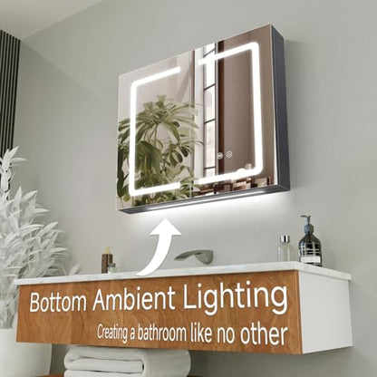 Black Bathroom Mirror Medicine Cabinets with LED Lights, Wall Mounted Mirror Medicine Cabinet with Adustable Shelf, Shaver Socket and Plug, 2 Doors, Anti Fog, Dimmable, Memory Function, 25.5 x 24 inch