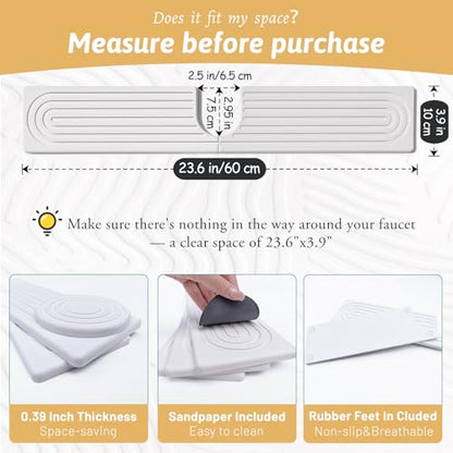 23.6" Faucet Mat for Kitchen Sink, Long Diatomite Fast Drying Stone Sink Tray, Super Absorbent, Prevents Moisture Buildup, Durable Protector for Kitchen Bathroom Counter, Gift for Housewarming, White - size: 23.6" x 3.9"