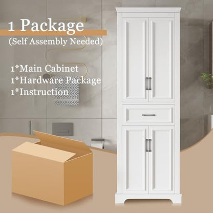 JIJIWANG 70.8" H Modern Wood Tall Bathroom Storage Cabinet, White Freestanding Linen Tower with Soft-Close Doors, Drawer, Adjustable Shelves, Anti-Tip Design, for Master Bathroom