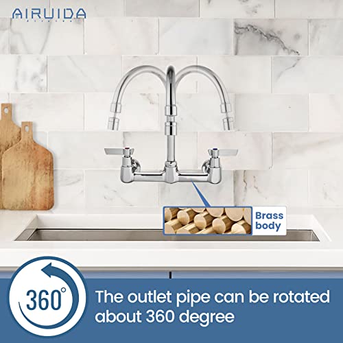 Airuida 8 Inch Chrome Polish Wall Mount Kitchen Sink Faucet | 2 Handle Kitchen Faucet,without Adapter,360° Swivel Spout,Commercial Sink Faucet,for Laundry Utility - color: Chrome Polish