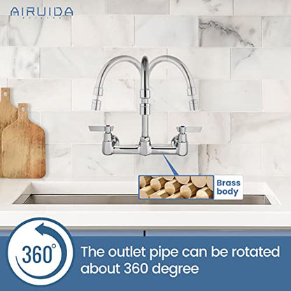 Airuida 8 Inch Chrome Polish Wall Mount Kitchen Sink Faucet | 2 Handle Kitchen Faucet,without Adapter,360° Swivel Spout,Commercial Sink Faucet,for Laundry Utility - color: Chrome Polish