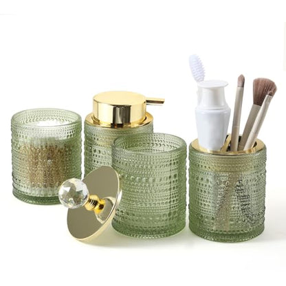 DASITON Bathroom Accessories Set,4Pcs Glass Bathroom Counter Set with Foaming Soap Dispenser,Toothbrush Holder,Bathroom Tumbler,Cotton Swab Jars, for Vanity Bathroom Decor(Green A) - style: Green A