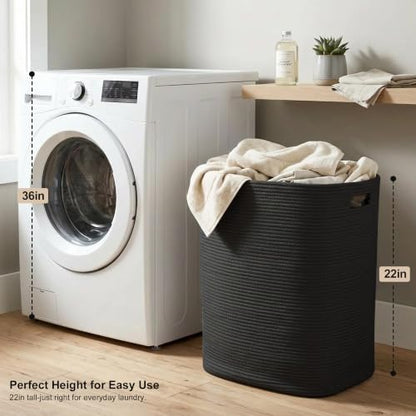 Large Laundry Hamper 16"x13"x22" - Tall Woven Laundry Basket, Cotton Rope Dirty Clothes Hamper, Baby Kids Nursery Wicker Laundry Basket, Bedroom Aesthetic, Soft Laundry Bin, Black Hamper, 75L - color: Black