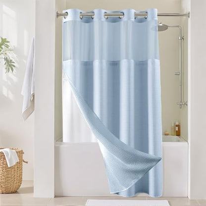 River Dream Cotton Blend Shower Curtain Set with Liner, Misty Blue, 54x80 | Waffle Weave, No Hook Needed, with Snap in Replacement Liner, Top Sheer Window, Hotel Quality Fabric for Bathroom - color: Misty Blue, size: 54"W x 80"L (Pack of 1)
