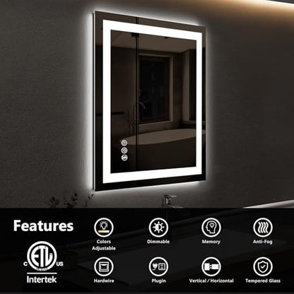 ROOMTEC 24x30 Inches LED Bathroom Mirror with Lights, Vanity Mirror with Front and Backlight, Smart Dimmable Anti-Fog LED Mirror for Bathroom, Memory Function, Tempered Glass (Horizontal/Vertical) - size: 24"L x 30"W