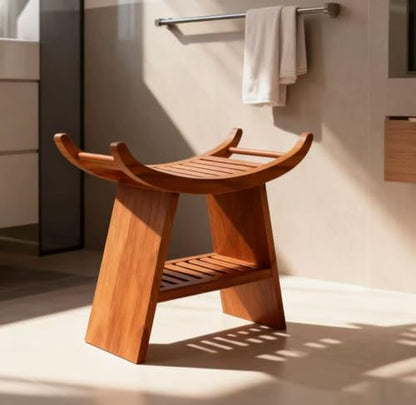 23" Teak Shower Bench Shoe Storage Bench Teak Shower Stool Curved Seat,Wooden Stool for Bathroom,Teak Wood Shower Seat Chair with Shower Storage Shelf,Hold Up to 500 LBS