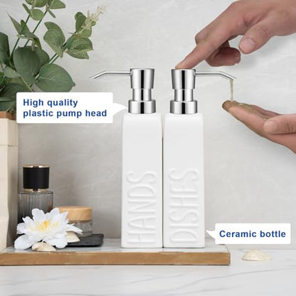 Ceramic Soap Dispenser Set for Bathroom and Kitchen, 2Pack Refillable Dish Soap and Hand Soap Dispenser - color: White-silver