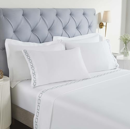 Superior Embroidered Cotton Bed Sheet Set, 1 Elastic Deep Pocket Fitted Sheet, 1 Flat Sheet, 2 Pillowcases, Daily Sheets, Luxury, Unique Design, Chain Links Collection, King, White-Silver - color: White-silver, size: King