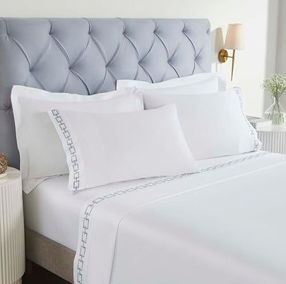 Superior Embroidered Cotton Bed Sheet Set, 1 Elastic Deep Pocket Fitted Sheet, 1 Flat Sheet, 1 Pillowcase, Daily Soft Sheets, Luxury, Unique Design, Chain Links Collection, Twin, White-Silver - color: White-silver, size: Twin