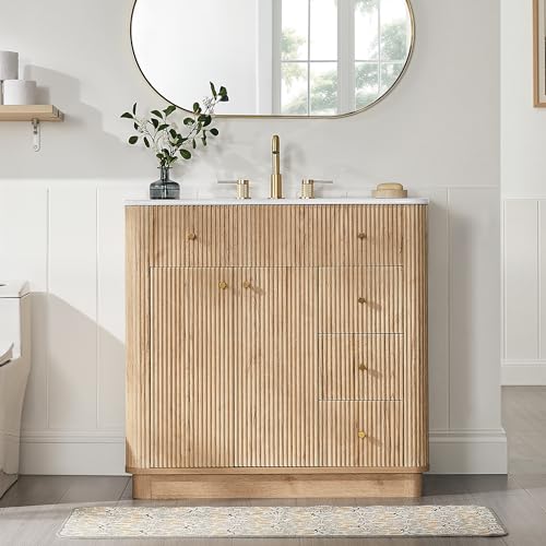 T4TREAM 36" Fluted Bathroom Vanity with Single Sink, Natural Oak | Integrated Ceramic Sink, Large Storage Cabinet, Adjustable Shelf, 3 Drawers, Three pre-drilled faucet holes, Mid-Century - color: Natural Oak, size: 36" (Single Sink)
