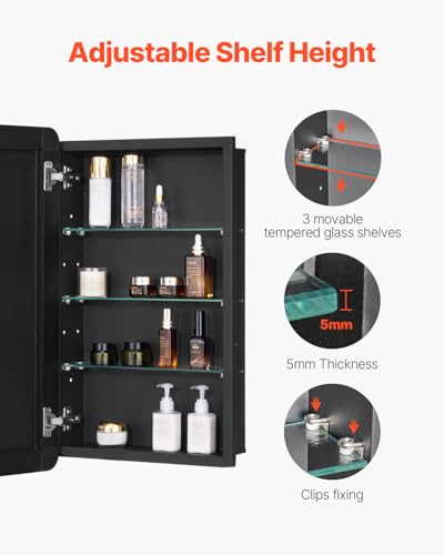 VEVOR Medicine Cabinet, 16.5 x 27.5 inch, Medicine Cabinet for Bathroom with Mirror, Aluminum Frame Bathroom Wall Cabinet, 3-Layer Adjustable Shelves, Recessed & Wall-Mounted Installation - size: 16.5x27.5in