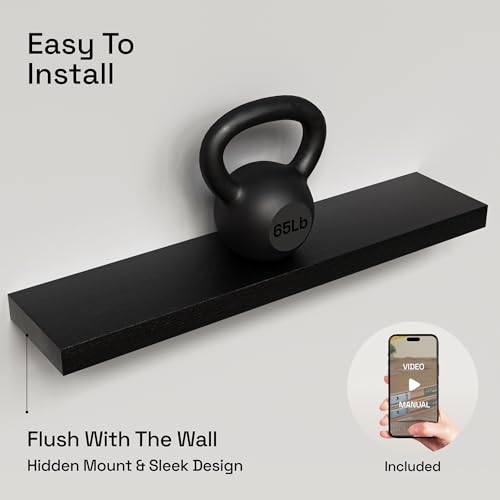 Solid Wood Floating Shelves for Wall 30 Inches Long, Black Wooden Shelf | Real Wood, 30 Inch, Bathroom Shelf Large, Heavy Duty, Wall Mounted, Kitchen Bedroom, Black Finish, 30W × 6.7D, Set of 2 - color: Black, size: 30 Inch