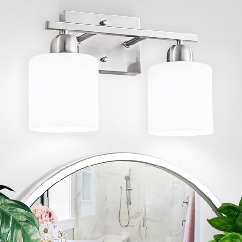 Brushed Nickel Bathroom Light, Anti-Rust Finish 2 Light Bathroom Vanity Light Brushed Nickel, Milky White Frosted Glass Shades, E26 Socket - color: Nickel & Milky White Glass, size: 2-Light