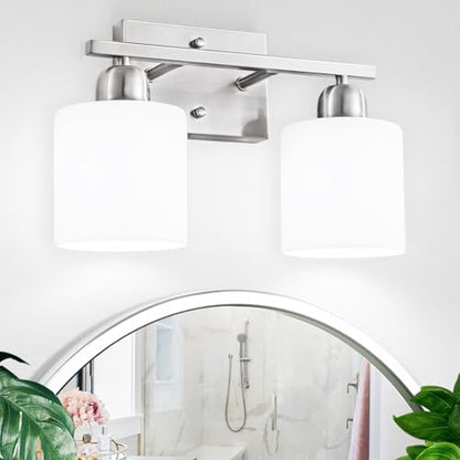 Brushed Nickel Bathroom Light, Anti-Rust Finish 2 Light Bathroom Vanity Light Brushed Nickel, Milky White Frosted Glass Shades, E26 Socket - color: Nickel & Milky White Glass, size: 2-Light