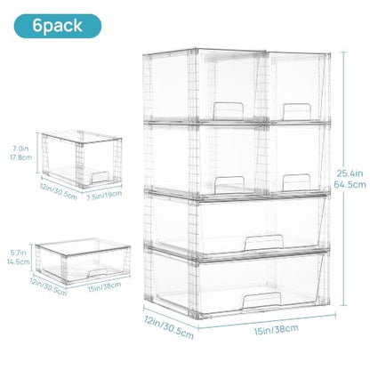 Vtopmart Clear Stackable Storage Drawers, 6 Pack Large Organizer Set | Wide and Medium Pull-Out PET Drawers with Stackable Design for Larger Storage Needs, Kitchen Cabinets, Closets and Pantry - style: 2 Wide+4 Medium