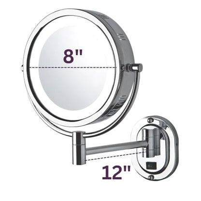 JERDON Two-Sided Lighted Wall-Mounted Makeup Mirror - Makeup Mirror with 5X Magnification & Wall-Mount Arm - 8-Inch Diameter Mirror with Chrome Finish Wall Mount - Model HL165CLD