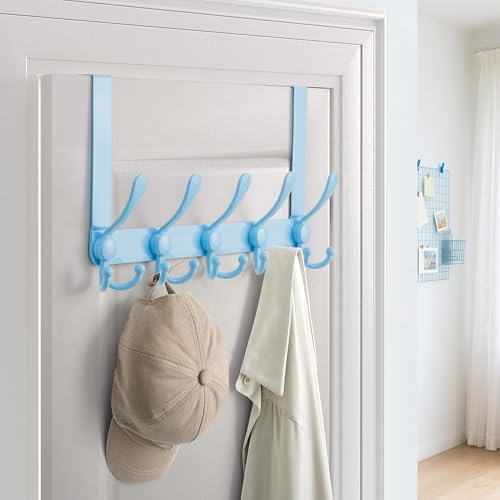 Over Door Hook 2.0 - Upgraded Version - Simple-Assembly, Strong, Heavy-Duty Stainless Steel 5-Tri-Hook Over The Door Hanger Rack, SimpleStrong Series, Blue, Pack of 2 - color: Blue