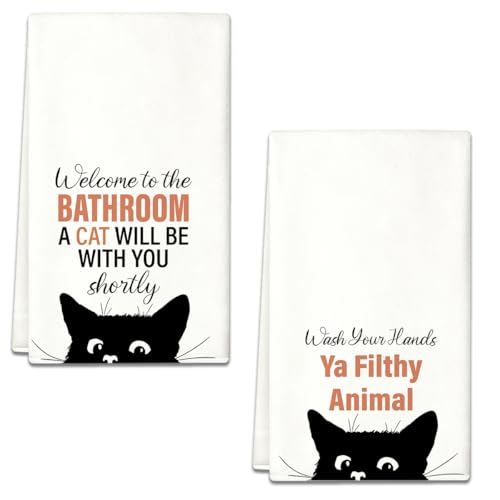 2Pcs Welcome to The Bathroom Funny Black Cat Hand Towels | Waffle Weave Hand Tea Dish Towels for Farmhouse Home Kitchen Bathroom, Black Cat Decorations,Gifts for Cats Lovers,14''×23'' - color: Bathroom