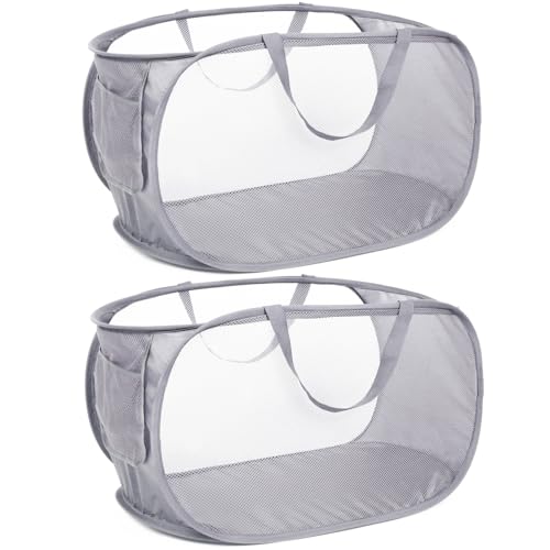 Durable Collapsible Laundry Baskets, Mesh Pop Up Laundry Hamper with Side Pocket, Foldable Clothes Hamper with Reinforced Carry Handles for Laundry, Bathroom, Kids Room, Dorm or Travel 2 Pack Grey - color: 2 x Gray