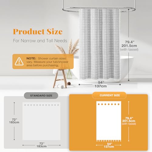 54x78 Boho Farmhouse Linen Heavy Duty Shower Curtain Set, Gray/Grey | Narrow Long Size, 330GSM Linen Blend, 3-side Tassels, Waterproof Fabric, 10 Plastic Hooks, Rustic Bohemian, Machine Washable - color: Grey, size: 54"W x 78"L (Pack of 1)
