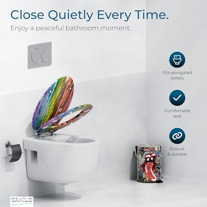 SANILO Wooden Toilet Seat with Soft Close [ELONGATED] - Decorative, Quiet & Slow Close Molded Wood Seat - With Strong Bumpers & Hinges - Adjustable Fit - Rainbow - color: Rainbow