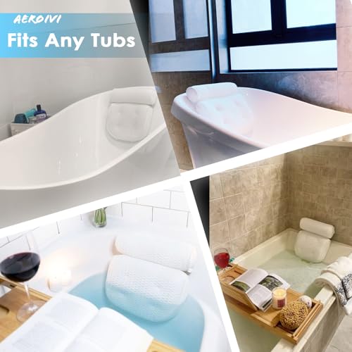 AEROiVi Luxury Bath Pillows for Tub Soft Mesh Strong 6 Suction Cups White | Bath Pillow with laundry bag head and neck support Relaxing Bath Washable Quick-Dry Bath Accessories Spa Gifts - color: White