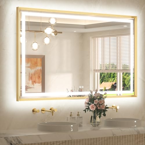 55 x 36 Bathroom LED Mirror Brushed Gold Metal Frame Frontlit & Backlit Vanity Mirror Stepless Dimmable Anti-Fog 3 Colors White/Warm/Natural Light up Vanity Mirror Wall-Mounted - color: Brushed Gold, size: 36"L x 55"W