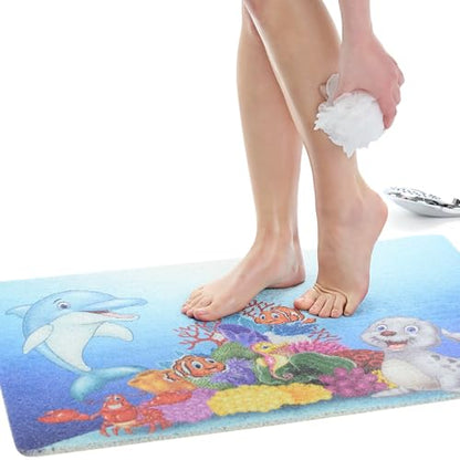 Enkosi Loofah Non-Slip Shower Mat - Shower Floors, Bathtub, Bathrooms, Wet Areas - Cushioned Bath Mat with Drain Holes - Quick Dry PVC, Secure Safety Pad Without Suction Cups (32x24 Dolphin) - color: Kids Dolphin, size: 32" x 24" (Rectangular)