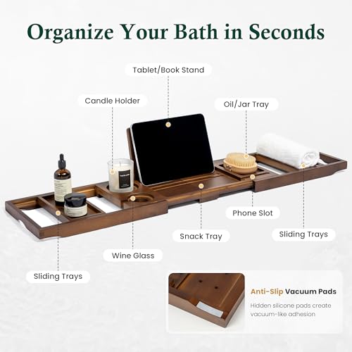 Bamboo Bathtub Tray, Brown Bath Caddy | Wine Glass Holder, Phone Dock, Book Stand, Hands Free Reading, Spa Relax Bath Accessory - color: Modern Brown Bamboo